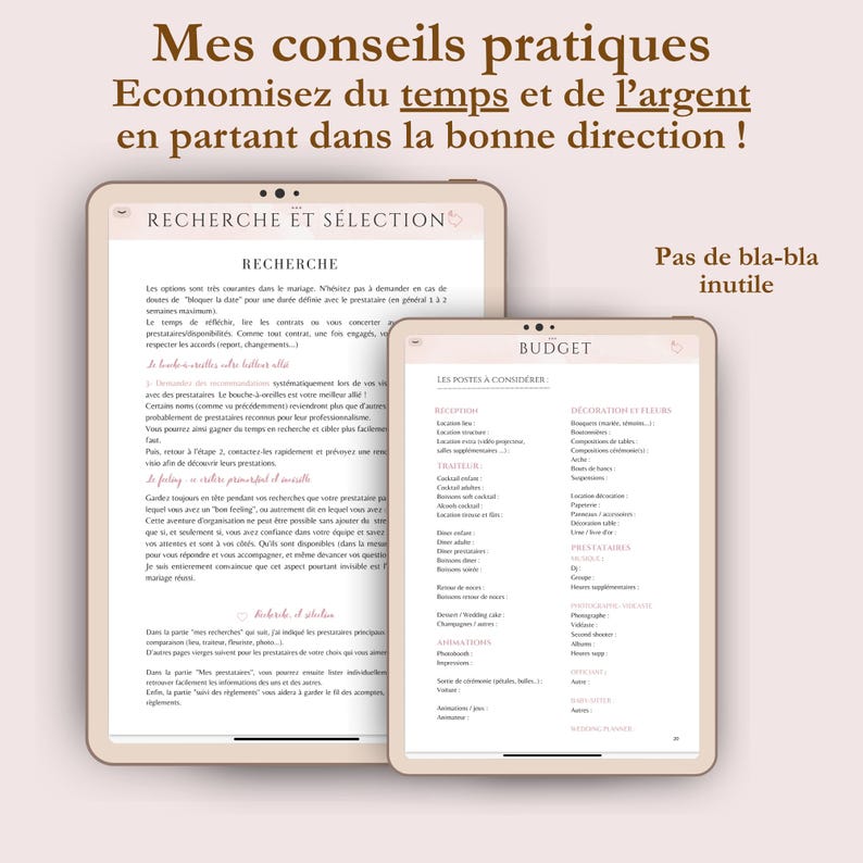 conseils pratiques pour organiser son mariage, wedding planner à completer, en français, template à télécharger iPad, tablette