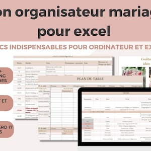 Könnte beinhalten: Ein rosa-weißer digitaler Planer für die Hochzeitsplanung mit dem Text "Mon organisateur mariage pour excel" und "8 DOCS INDISPENSABLES POUR ORDINATEUR ET EXCEL". Der Planer enthält Abschnitte für eine Retro-Planungscheckliste, Budget und Nachverfolgung, Moodboard und Cocktail-Ideen.