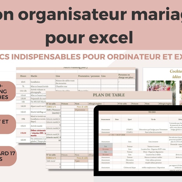 Planificateur de mariage français Excel | planificateur de mariage numérique |Budget de mariage | to do list mariage | organisateur mariage