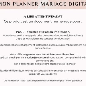 K&ouml;nnte beinhalten: Ein rosa-wei&szlig;er digitaler Hochzeitsplaner mit dem Text "MON PLANNER MARIAGE DIGITAL" oben. Der Text "A LIRE ATTENTIVEMENT" befindet sich in einem schwarzen Kasten. Der Text "Ce produit est un document num&eacute;rique pour :" befindet sich unter dem schwarzen Kasten. Der Text "POUR Tablettes et iPad ou Impression." befindet sich unter dem Text "Ce produit est un document num&eacute;rique pour :". Der Text "Vous devez avoir une app de prise de notes (Goodnotes5, Notabilit&eacute;...). L'app et les tablettes ne sont pas vendues avec." befindet sich unter dem Text "POUR Tablettes et iPad ou Impression.". Der Text "Ce document est &agrave; t&eacute;l&eacute;chargement instantan&eacute;, aussi aucun remboursement ne sera donc effectu&eacute;." befindet sich unter dem Text "Vous devez avoir une app de prise de notes (Goodnotes5, Notabilit&eacute;...). L'app et les tablettes ne sont pas vendues avec.". Der Text "Votre t&eacute;l&eacute;chargement sera imm&eacute;diatement disponible :" befindet sich unter dem Text "Ce document est &agrave; t&eacute;l&eacute;chargement instantan&eacute;, aussi aucun remboursement ne sera donc effectu&eacute;.". Der Text "soit envoy&eacute; par email par transaction@etsy.com si vous avez un compte invit&eacute; (v&eacute;rifier spams, promotions etc) soit &agrave; t&eacute;l&eacute;charger depuis votre espace "avis et achats" befindet sich unter dem Text "Votre t&eacute;l&eacute;chargement sera imm&eacute;diatement disponible :". Der Text "Si vous aviez des difficult&eacute;s, n'h&eacute;sitez surtout pas &agrave; m'envoyer un message je me ferais un plaisir de vous aider! :)" befindet sich unter dem Text "soit envoy&eacute; par email par transaction@etsy.com si vous avez un compte invit&eacute; (v&eacute;rifier spams, promotions etc) soit &agrave; t&eacute;l&eacute;charger depuis votre espace "avis et achats"". Der Text "De nombreux "tuto" sont disponibles sur mon compte tiktok @tidahut" befindet sich unter dem Text "Si vous aviez des difficult&eacute;s, n'h&eacute;sitez surtout pas &agrave; m'envoyer un message je me ferais un plaisir de vous aider! :)".