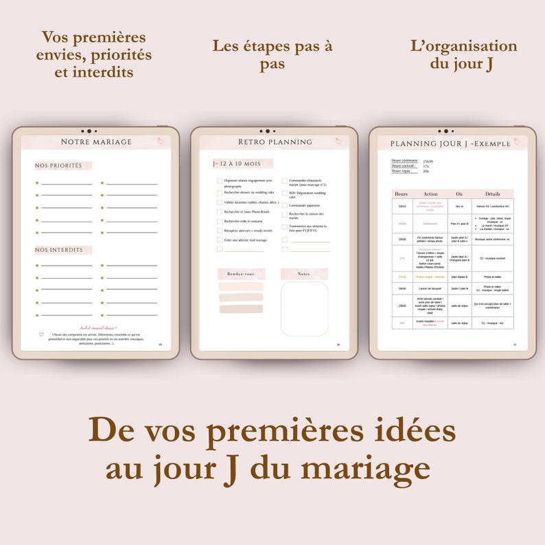 des premières idées au jour du mariage, ce wedding planner digital à completer en français vous guidera étape par étape, template à compléter