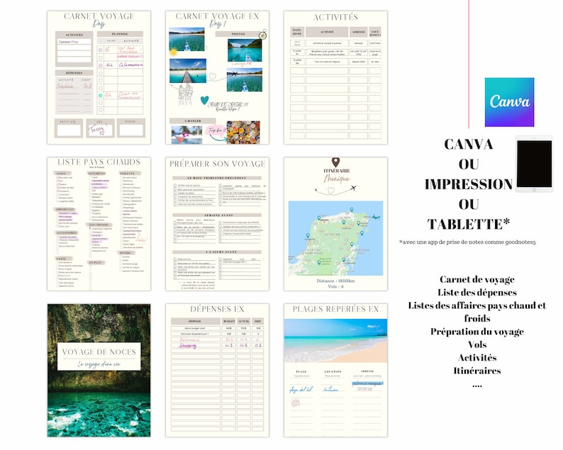 Carnet de voyage français à completer Travel planner CANVA Tablette Impression ordinateur Créez et personnaliser votre journal de voyage image 2