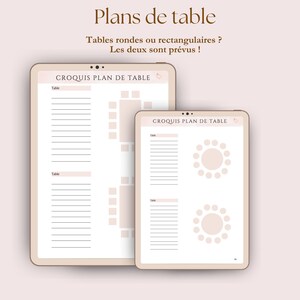 croquis plan de table ronde ou rectangulaire pour salle de mariage à compléter, template, digital planner en français