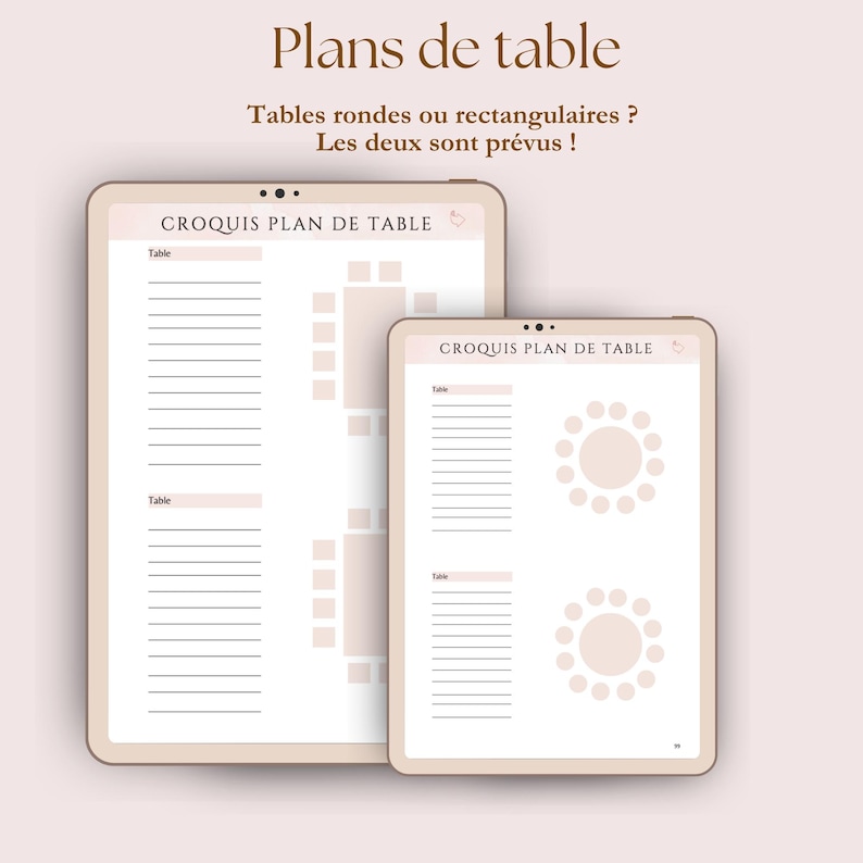 croquis plan de table ronde ou rectangulaire pour salle de mariage à compléter, template, digital planner en français