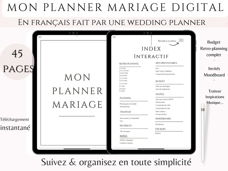 K&ouml;nnte beinhalten: Ein digitaler Hochzeitsplaner auf Franz&ouml;sisch mit einem schwarz-wei&szlig;en Cover mit dem Text "Mon Planner Mariage" und "45 Seiten". Der Planer enth&auml;lt Abschnitte f&uuml;r Budget, G&auml;steliste, Anbieter und mehr. Das Bild zeigt einen Tablet-Bildschirm, auf dem der Index des Planers angezeigt wird.