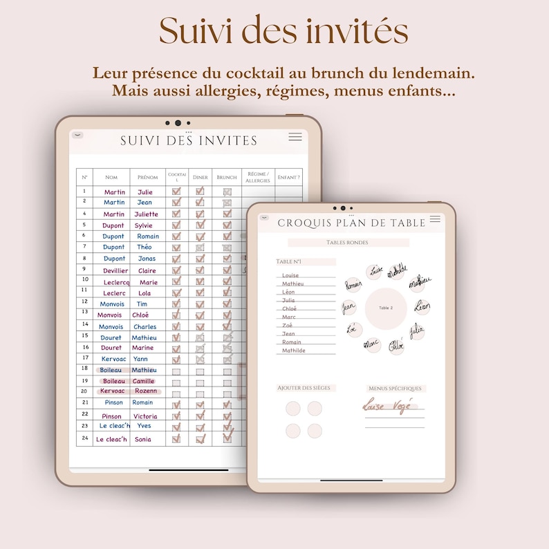 suivi des invités du mariage avec ce digital planner en français, fait par une organisatrice de mariage professionnelle, template à compléter