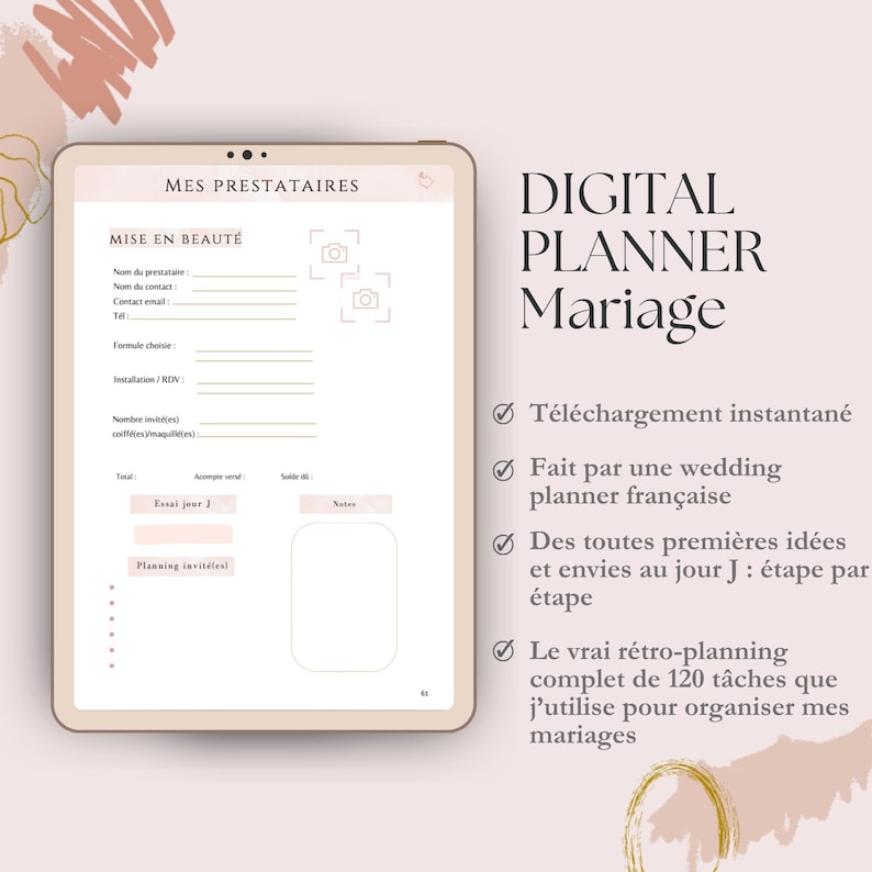Digital planner mariage en français , etsy, template, canva