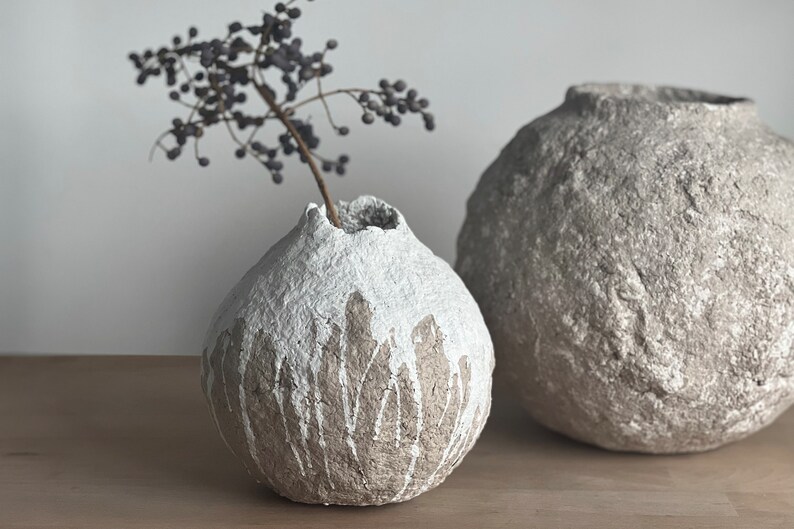 Paper Mache Vase, Handmade Naturel With White Touch Vessel, Minimal