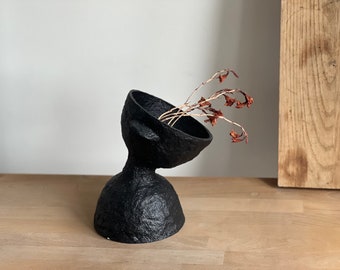 Handmade Black Paper Mache Footed Bowl: Minimalist Sustainable Decor