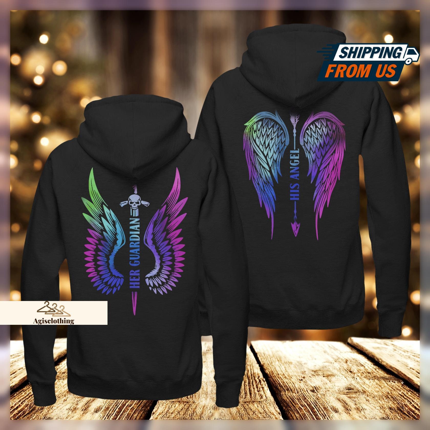 Her Guardian His Angel Couple Hoodie Watercolor Wings