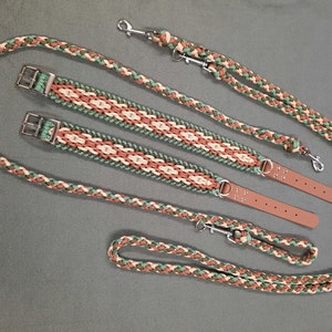 Dog collar and matching dog leash made of paracord, in 2 lengths, adjustable, in brown/olive/mint green free shipping