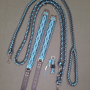 Dog collar, dog leash and accessories made of paracord, adjustable, in turquoise/black, free shipping