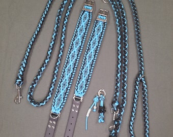 Dog collar, dog leash and accessories made of paracord, adjustable, in turquoise/black, free shipping