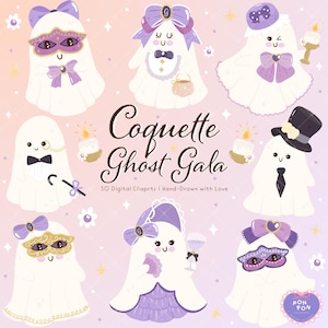Coquette Ghost Gala Clipart Set | Kawaii Halloween Ghosts with Coquette Bows PNG SVG | Cute Pastel Halloween Aesthetic| Halloween Clipart