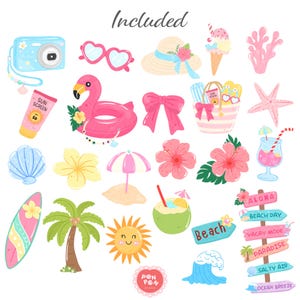 Cute hand-drawn summer beach clipart collection featuring a pink flamingo pool float, surfboard, kawaii sun, camera, beach bag, ice cream, coconut drink, and a tropical wooden directional sign.