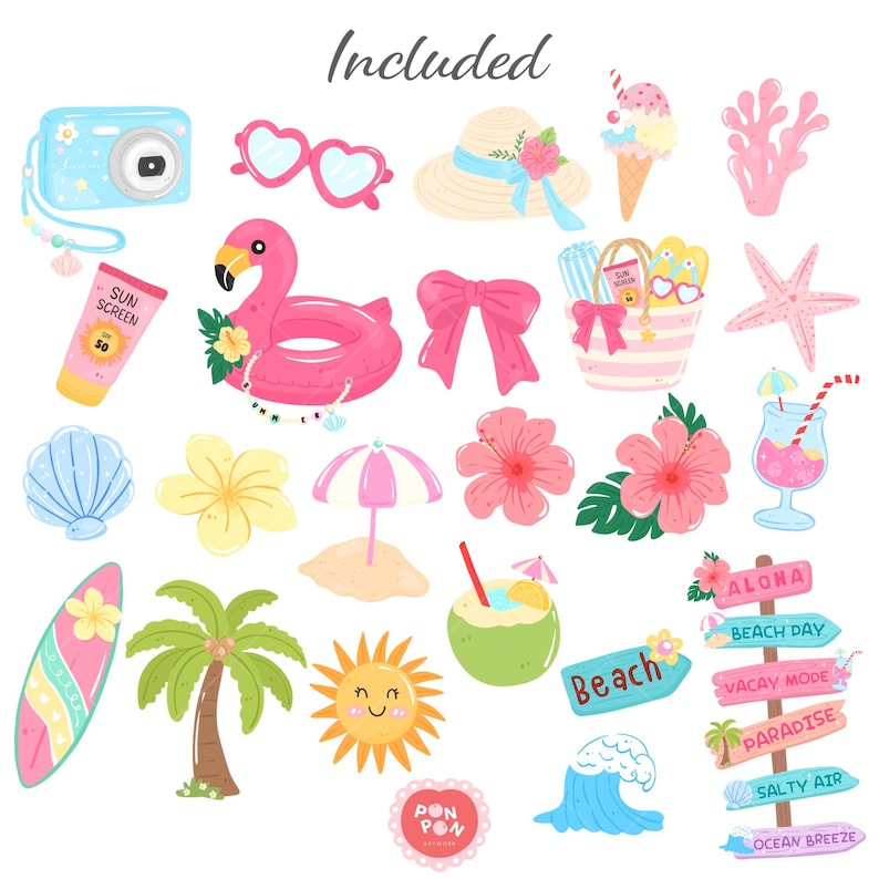 Cute hand-drawn summer beach clipart collection featuring a pink flamingo pool float, surfboard, kawaii sun, camera, beach bag, ice cream, coconut drink, and a tropical wooden directional sign.