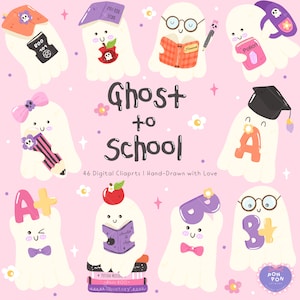 Puede incluir: Una ilustración digital de fantasmas de dibujos animados con accesorios escolares sobre un fondo rosa. Se muestra la frase "Ghost to School", junto con el texto "46 Digital Cliaprts | Hand-Drawn with Love". Los fantasmas sostienen libros, lápices y letras.