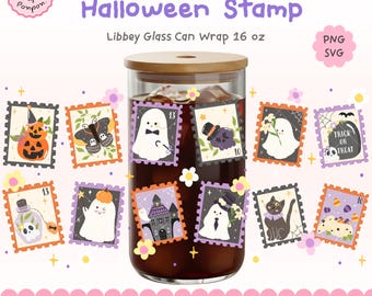 Halloween Glass Can Wrap, Spooky Cute Ghost Libbey Wrap 16oz, Halloween Stamp PNG SVG, Pumpkin Witch Cat Tumbler Design