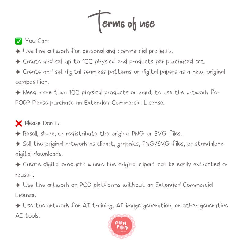 May include: A document titled Terms of use outlining usage policies. It lists permissions including personal and commercial project use, a 100-item limit for physical products, and restrictions against reselling, sharing, or redistributing files.