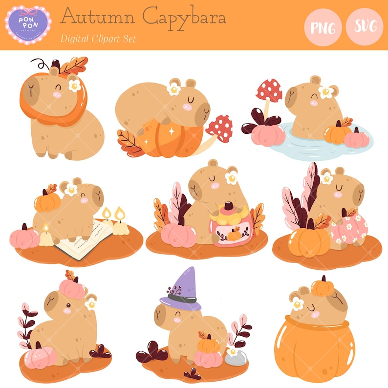 Fall Capybara Autumn Capybara Clipart Set: Fall Pumpkin Animals (PNG, SVG, AI Digital ...