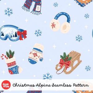 May include: A seamless pattern on a light blue background featuring winter illustrations including a plaid scarf, blue earmuffs, ski goggles with a mountain reflection, a patterned mitten, a Christmas stocking, and a wooden sled with a red bow.