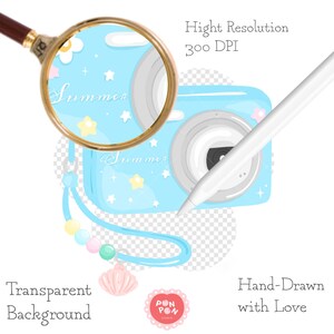 May include: A light blue digital camera illustration featuring white stars, yellow stars, and a pink flower pattern. The camera includes a blue wrist strap with pastel beads and a pink seashell charm. Text reads "Summer", "Hight Resolution 300 DPI", "Transparent Background", and "Hand-Drawn with Love".