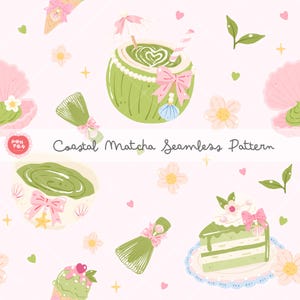 Könnte beinhalten: Nahtloses Muster mit Matcha-Illustrationen. Es zeigt ein Kokosnussgetränk, Matcha-Besen, Eis, Kuchen und Muscheln in Pastelltönen. Der Text "Coastal Matcha Seamless Pattern" ist ebenfalls enthalten. Das Design ist für verschiedene Anwendungen geeignet.