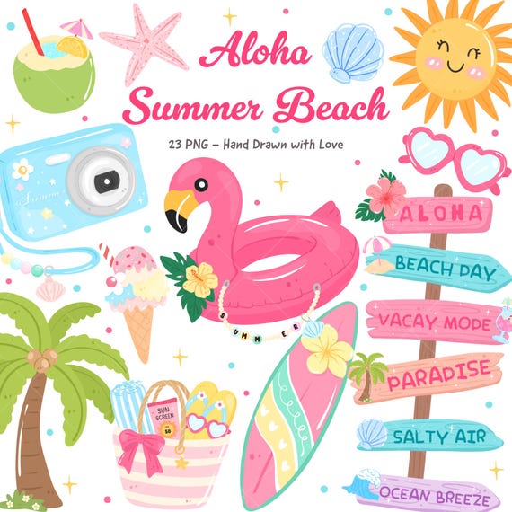 Aloha  Summer Beach Clipart, Tropical Beach Vacation PNG Bundle, Kawaii Flamingo and Surfboard, Hawaiian Aloha Graphics, Cute Summer PNG