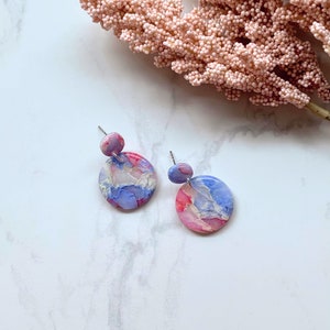 Pink & Blue Round Dangle | Polymer Clay Earrings | Handmade Earrings | Marbled Design | Lightweight Earrings.