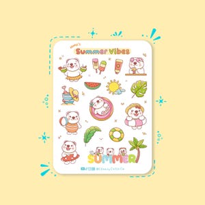 Stickervel zomerplanner, schattige kawaiibeer Beach Vibes-stickers voor tijdschriften en planners