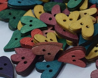 20mm Mixed Colour Love Heart Wooden Buttons Sewing Cardmaking Scrapbooking