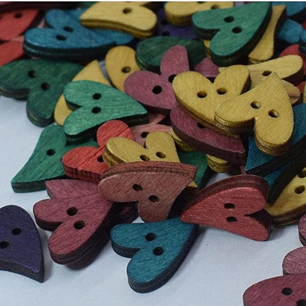 20mm Mixed Colour Love Heart Wooden Buttons Sewing Cardmaking Scrapbooking