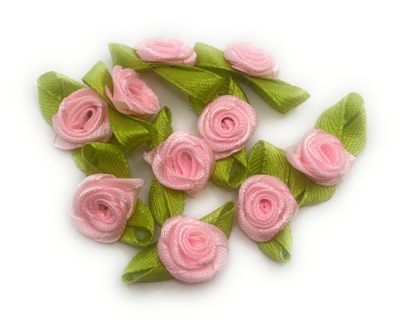 Handmade 15mm Pink Satin Ribbon Roses: Flower Appliques