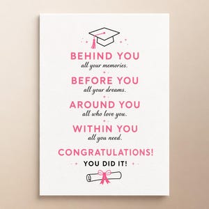 Może przedstawiać: Biała, prostokątna kartka gratulacyjna z czarną ikoną czapki absolwenta u góry i dyplomem u dołu. Tekst brzmi: BEHIND YOU all your memories. BEFORE YOU all your dreams. AROUND YOU all who love you. WITHIN YOU all you need. CONGRATULATIONS! YOU DID IT! Tekst jest w kolorze różowym i czarnym z małymi różowymi gwiazdkami.