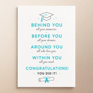 May include: A white graduation card featuring a black line-art mortarboard and diploma with light blue accents. The text reads: BEHIND YOU all your memories. BEFORE YOU all your dreams. AROUND YOU all who love you. WITHIN YOU all you need. CONGRATULATIONS! YOU DID IT!