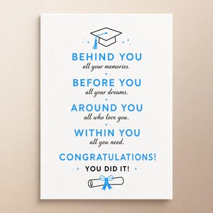 Może przedstawiać: Biała prostokątna kartka gratulacyjna z niebieską ikoną czapki absolwenta u góry i dyplomem u dołu. Tekst brzmi: BEHIND YOU all your memories. BEFORE YOU all your dreams. AROUND YOU all who love you. WITHIN YOU all you need. CONGRATULATIONS! YOU DID IT!
