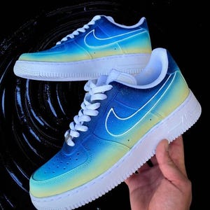 Custom Blue and Yellow Air Force 1, Ombre Gradient Sneakers, Hand Painted White Shoes, Unique Streetwear Gift for Sneaker Lovers