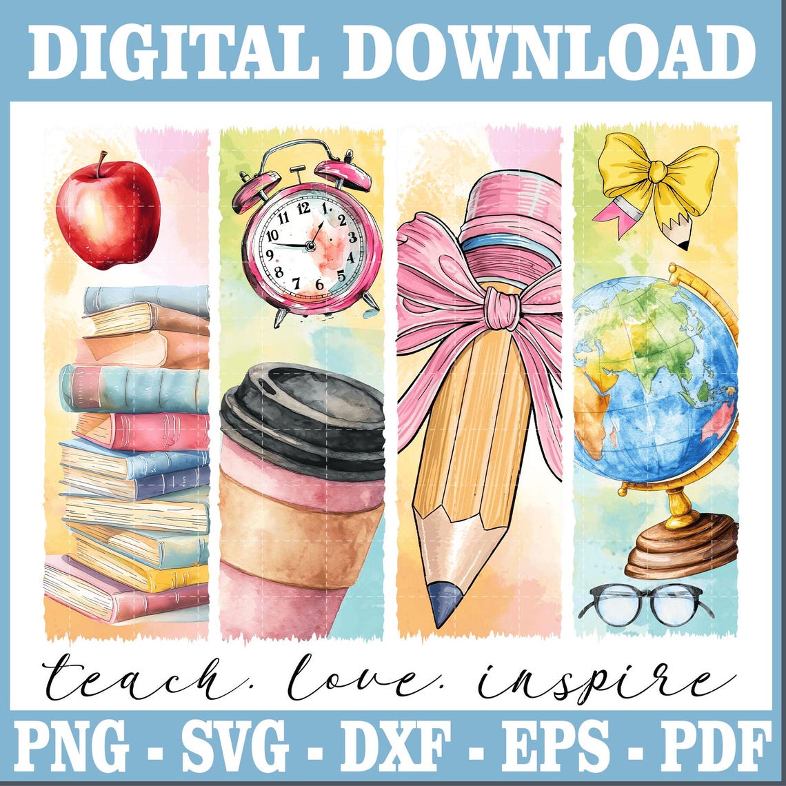 Back to School PNG, Cute Teacher PNG, Apple Books Coffee Pencil Globe ...