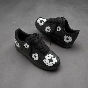 Custom Denimm Te.a.ars Af1 Shoes, Black & White Floral Sneaker, Unique Personalized Streetwear Shoes, Hand Painted Air Force 1