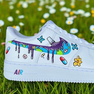 Personalized Colorful Drip Air Force 1 Sneakers, Custom Cartoon Pill AF1 Shoes, Hand Painted Trippy Sneaker Gift, Custom Psychedelic Shoes