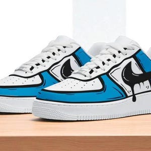Custom Blue Drip Cartoon Air Force 1, Hand Painted AF1 Sneakers, Blue and Black Comic Style Shoes, Streetwear Anime Gift for Him Her