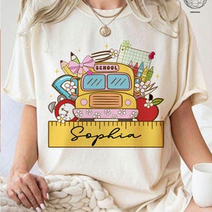 Personalized School Bus Png, Cute Yellow Bus With Supplies Png, Teacher Gift Shirt Design, Editable Name Ruler Sublimation