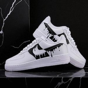 Custom Drippy Af1 Sneakers, Drippy Splatter AF1 Shoes, Hand Painted AF1 Sneakers, Black And White Af1 Shoes, Black Drip AF1 Shoes
