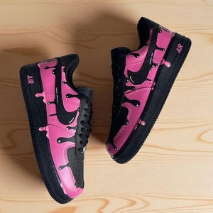 Custom Hot Pink Drip Black AF1 Sneakers, Hot Pink Drip Design Shoes, Unique Personalized Streetwear Gift, Personalized AF1 Shoes