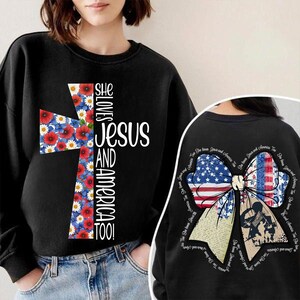 She Loves Jesus And America Too PNG, Patriotic Christian Cross Png, USA Flag Bow Png, Faith And Freedom Shirt, Christian Png, Jesus Png