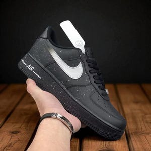 Custom Black Paint Splatter Af1 Sneakers, Black Swoosh AF1 Shoes, Hand Painted AF1 Sneakers, Black Splatter Af1 Shoes
