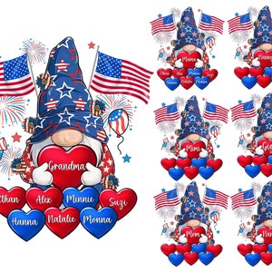 Personalized 4th Of July Gnome Grandma Png, 4th Of July Png, Custom Grandma Png With Kids Name, Heart Gnome Png, Gift For Mom