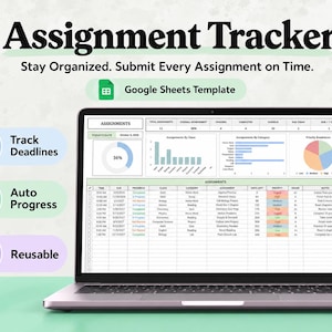 Peut inclure: Un écran d'ordinateur portable affichant un modèle Google Sheets de suivi des devoirs. L'interface comprend des graphiques, des barres de progression et un tableau pour suivre les échéances, les catégories et les priorités. Texte : Assignment Tracker.