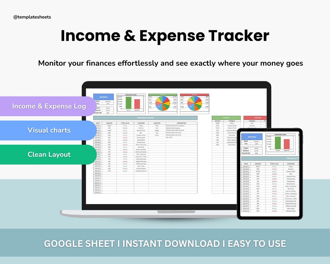 Income and Expense Tracker Spreadsheet, Google Sheets Budget Template ...