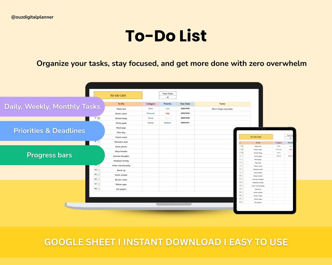 To Do List Spreadsheet, Google Sheets Template, Daily Task Tracker ...